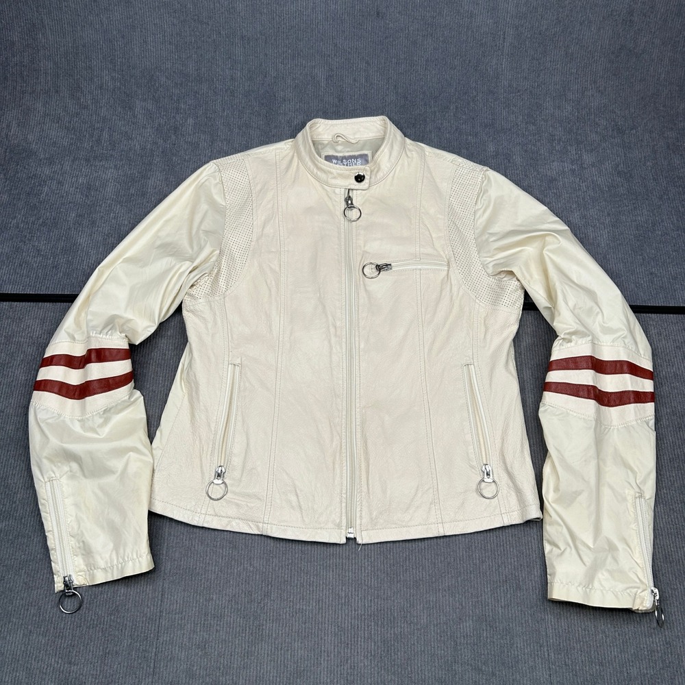 Wilsons Leather Maxima Cafe Racer Y2k Jacket Cream Burgundy Stripe Womens Medium